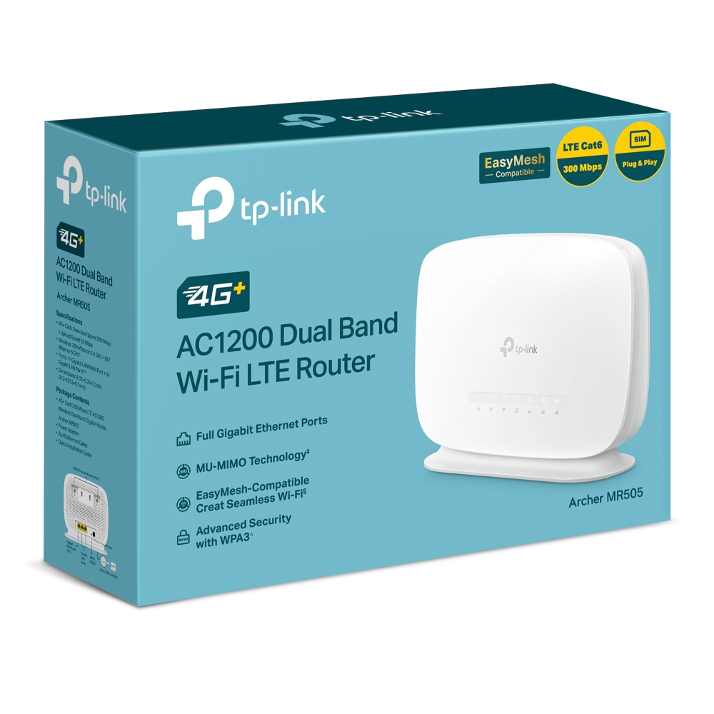 TP-Link Archer MR505 4G+ Cat6 AC1200 Wireless Dual Band Gigabit Router, supports 4G+ Cat6 to boost the data speeds of up to 300 Mbps*
